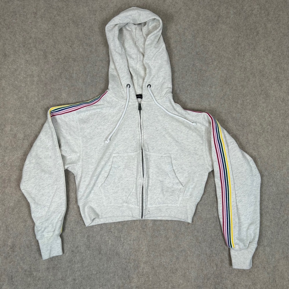 Abercrombie & Fitch Zip Hoodie Women XS Gray Rainbow Stripe Cropped Sweatshirt